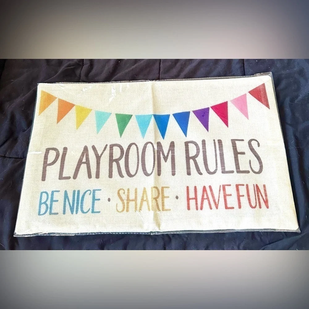 Playroom Rules Decorative Throw Pillow Case Cover Cotton Linen Rainbow Flag NEW